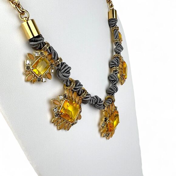 Ann Taylor Necklace Large Yellow Rhinestones Gray Twisted Satin Rope Gold Tone - Picture 7 of 10